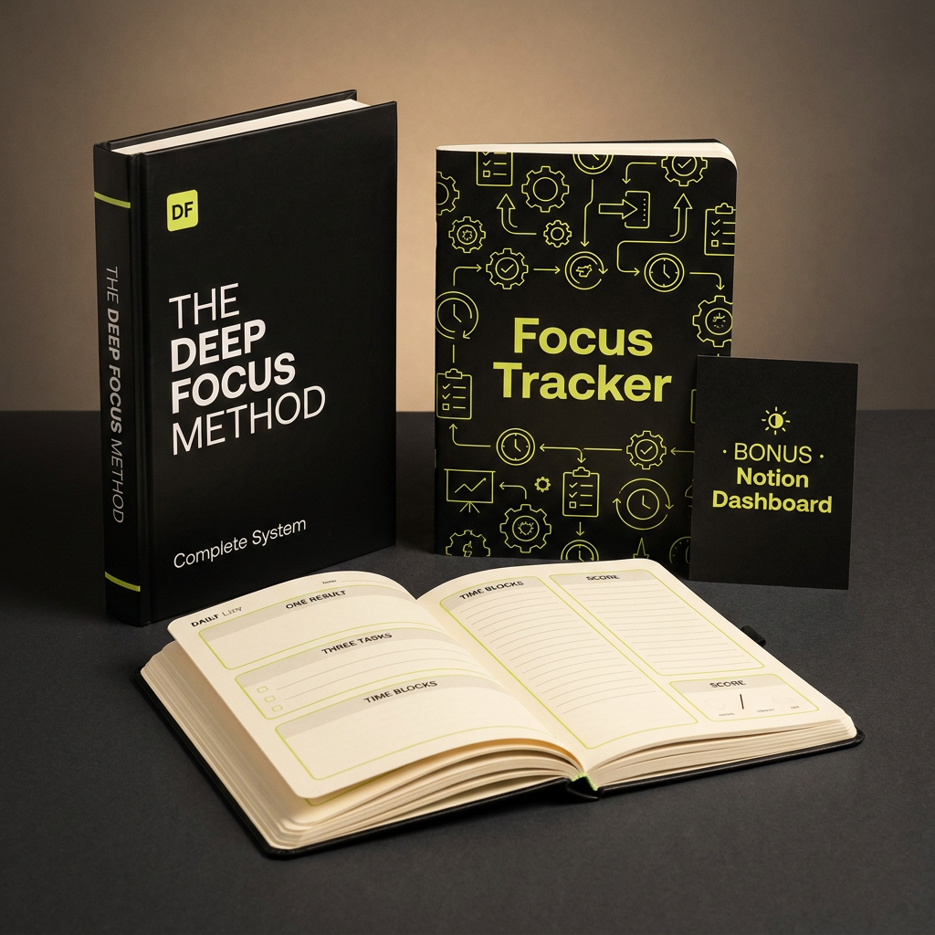 The Deep Focus Method Complete — 11 focus tools: guide, Focus Tracker, planner and bonus Notion dashboard