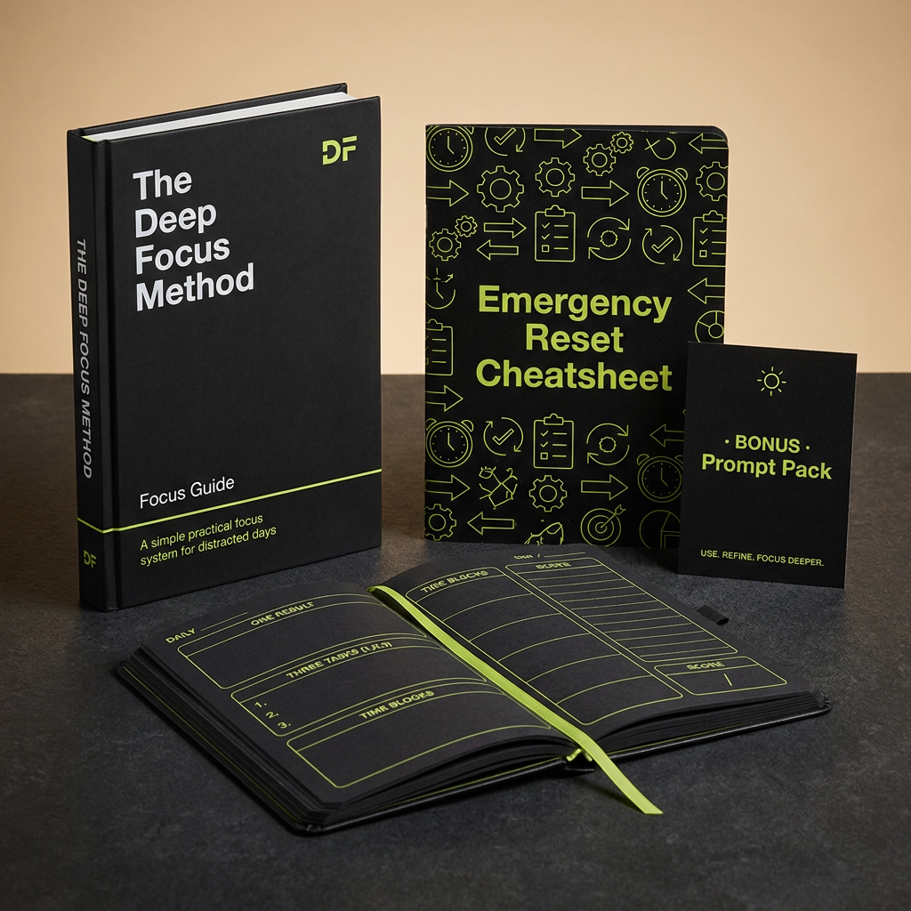 The Deep Focus Method Starter — Focus Guide, Emergency Reset Cheatsheet, daily planner and bonus prompt pack